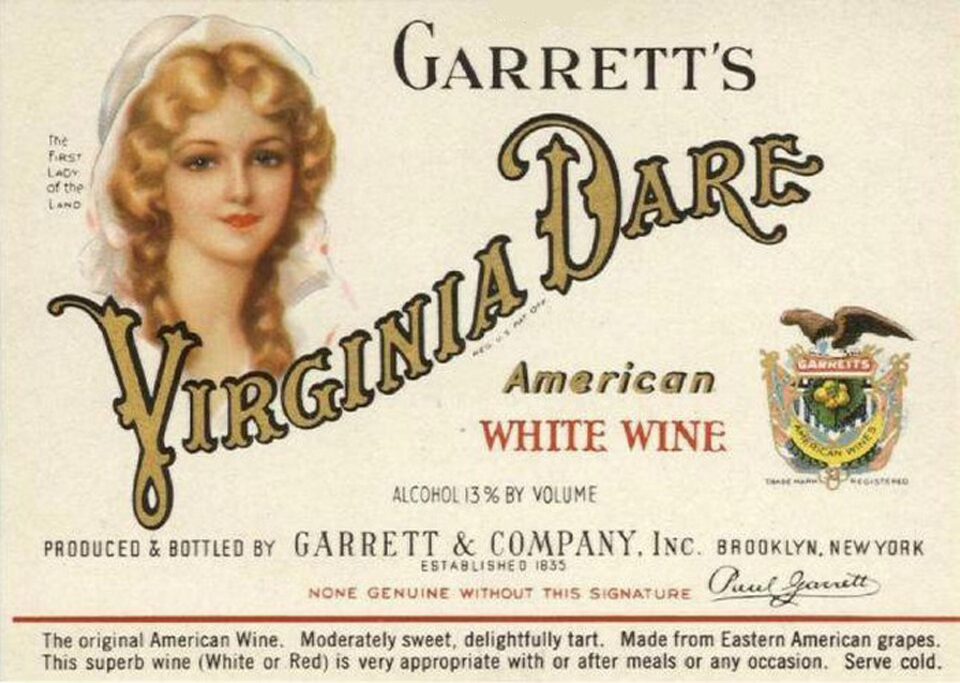 Virginia Dare as pictured on the label of Virginia Dare Wines. An unsubstantiated rumor names a young Marilyn Monroe as the model.