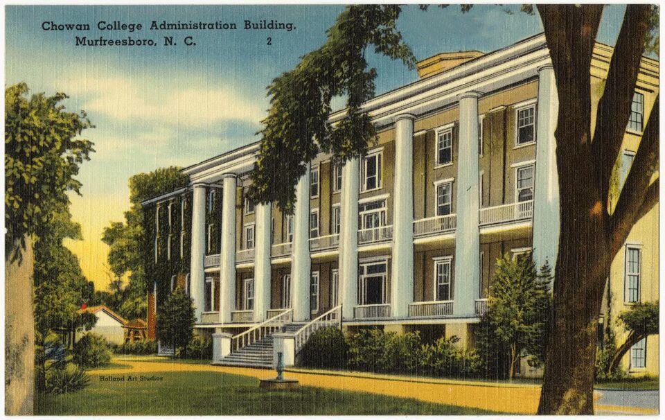 A vintage postcard of the administration building at Chowan University