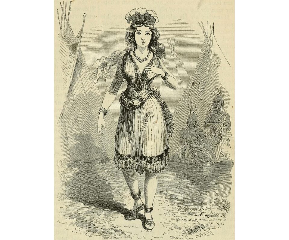 An 1857 woodcut of Virginia Dare freely imagined in Native dress from Harper's Magazine.