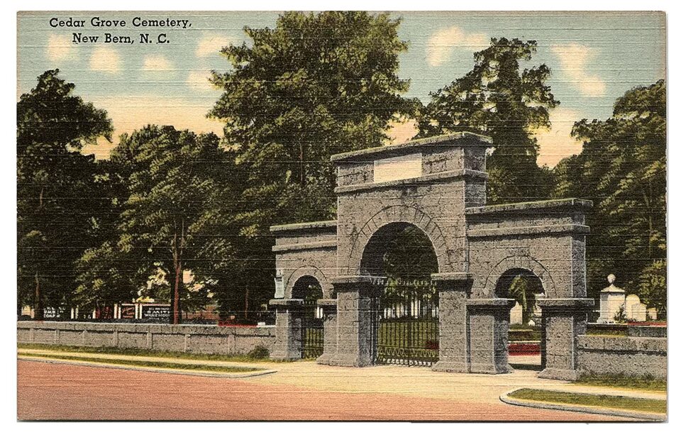 A vintage postcard of the Weeping Arch at Cedar Grove Cemetery