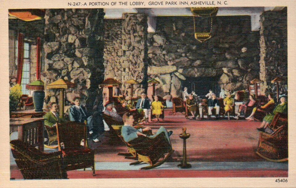 A vintage postcard of the Grove Park Inn lobby. From the author's collection.