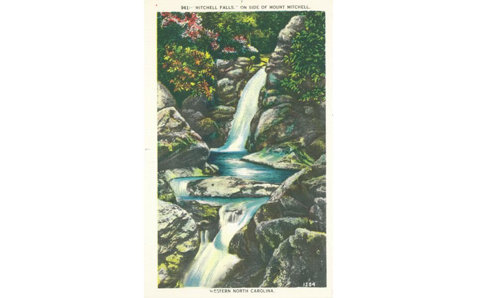 A vintage postcard of a waterfall and swimming hole in the North Carolina Mountains. From the author's collection.