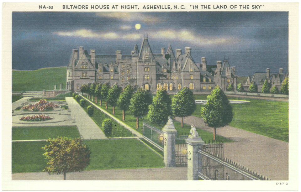 The Biltmore House at night. Vintage postcard from the author's collection.